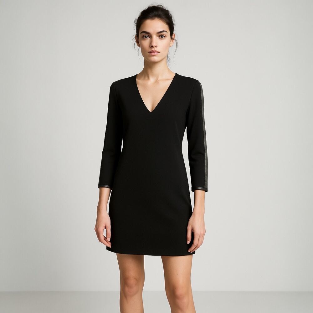 Mango Black V-neck Leather Trim Half Sleeve Career Business Mini Sheath Dress 6